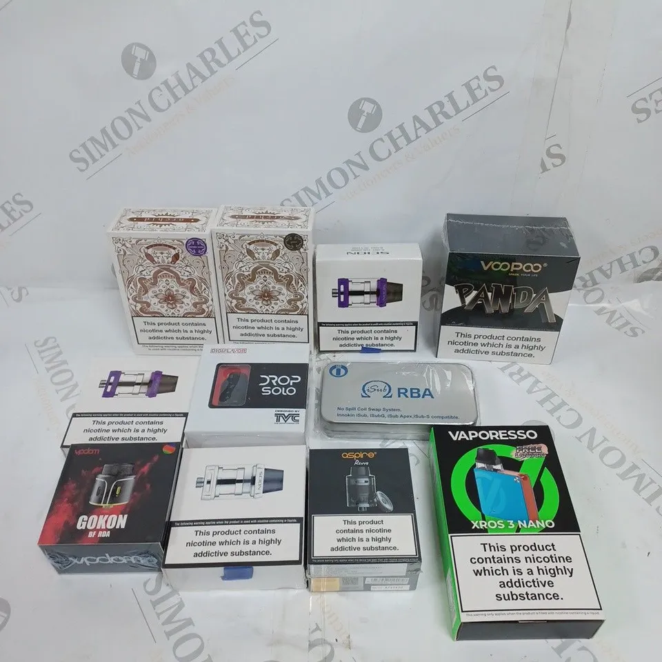 BOX OF APPROXIMATELY 10 ASSORTED E-CIGARETTE PRODUCTS & ACCESSORIES TO INCLUDE SCION, VAPORESSO, VOO POO ETC