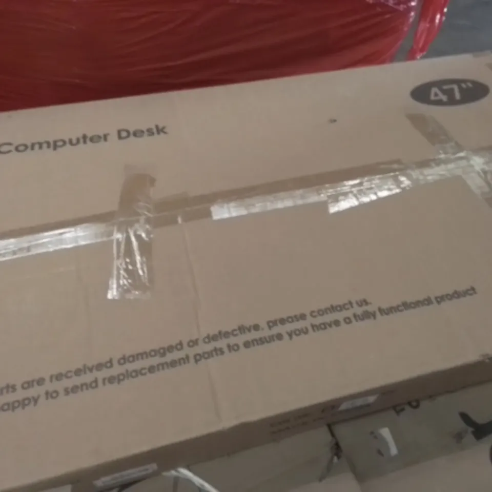 PALLET OF ASSORTED HOUSEHOLD ITEMS TO INCLUDE COMPUTER DESK, BOXED TV UNIT AND GAMING CHAIR