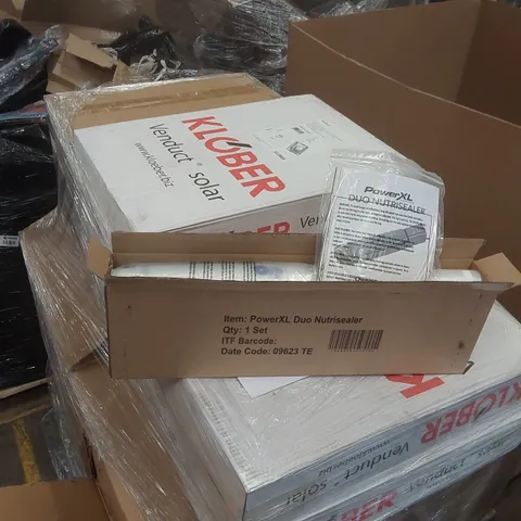 PALLET CONTAINING A VERY LARGE QUANTITY OF ITEMS INCLUDING: POWER XL DUO NUTRISEALERS, VERDUCT SOLAR DUO SOLAR THERMAL OUTLET KITS FOR ROOF TILES ECT