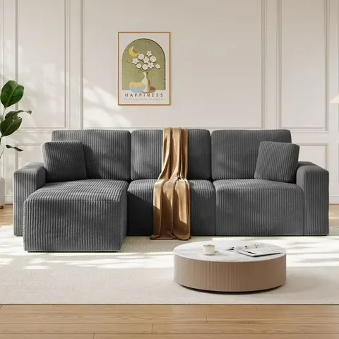 BOXED SOLID WOOD FRAME CORDUROY SOFA COUCH, NECHE 100" SECTIONAL FOR LIVING ROOM, L-SHAPED, GRAY (2 BOXES)