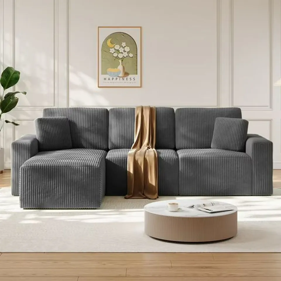 BOXED SOLID WOOD FRAME CORDUROY SOFA COUCH, NECHE 100" SECTIONAL FOR LIVING ROOM, L-SHAPED, GRAY (2 BOXES)
