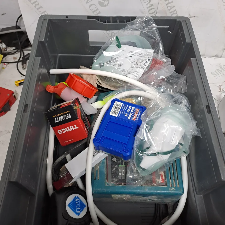 TOTE OF ASSORTED HOUSEHOLD ITEMS TOO INCLUDE TAPE MEASURES , BRUSHES , BITS SET , ETC 
