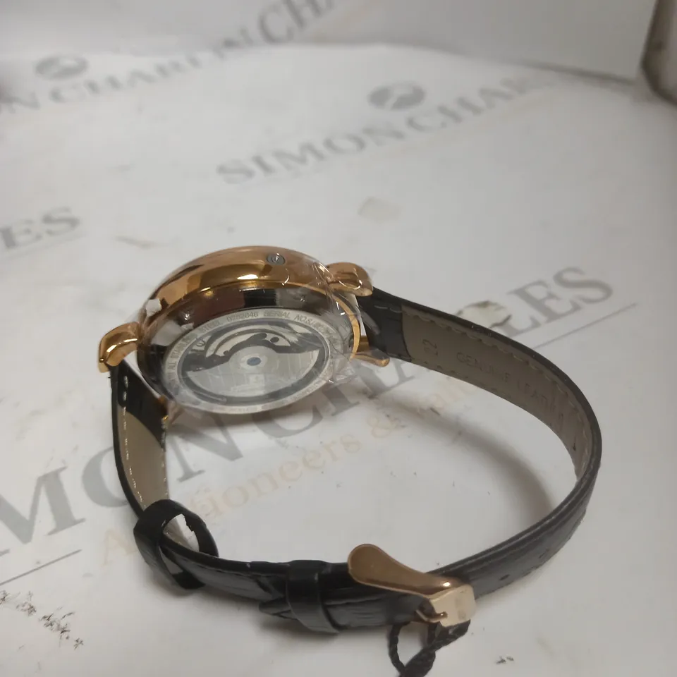 BOXED SAMUEL JOSEPH AUTOMATIC ROSE BLACK WATCH WITH LEATHER STRAP
