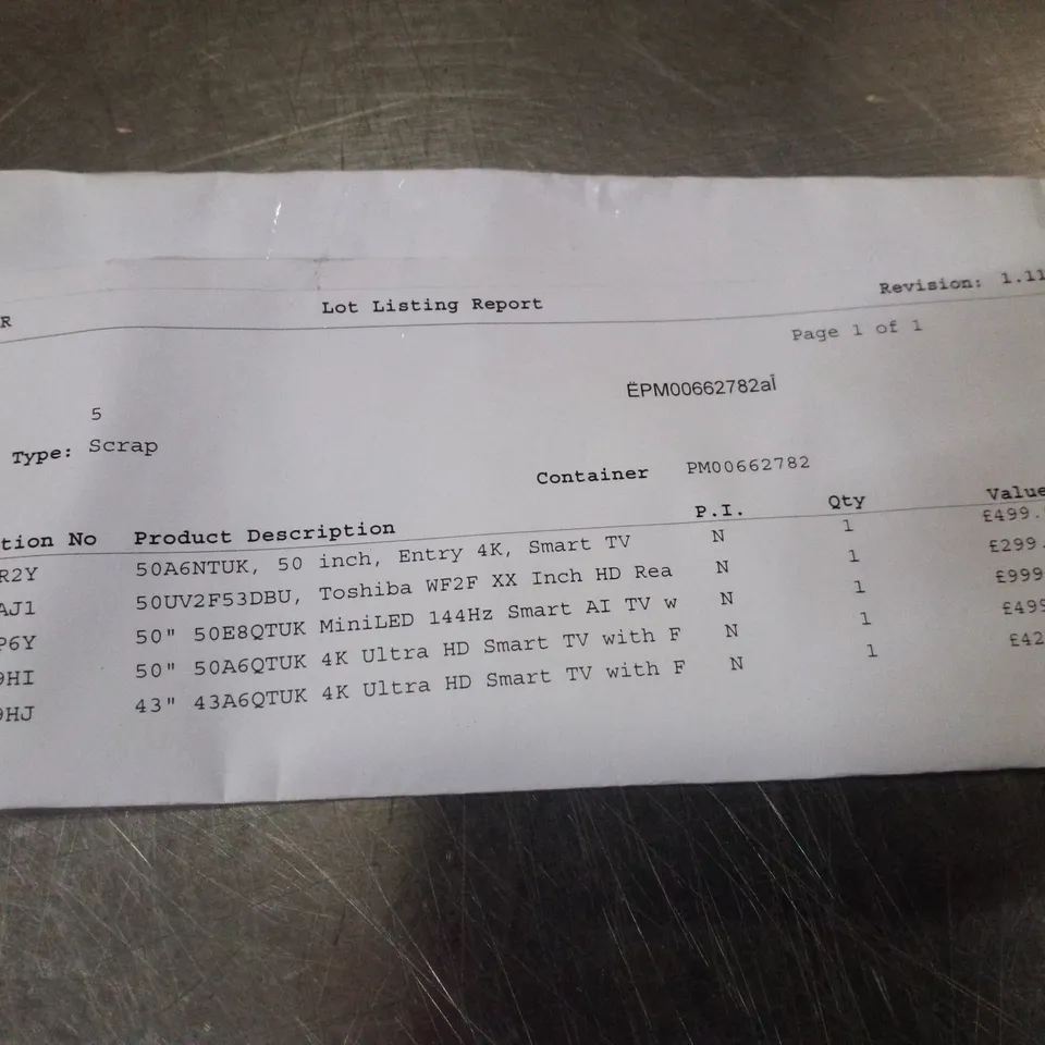 PALLET OF 5 ASSORTED DAMAGED TVS INCLUDING