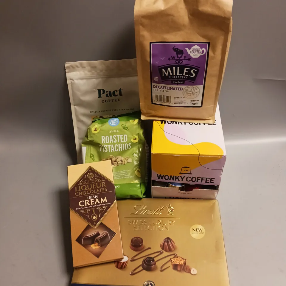 BOX OF APPROX 6 ASSORTED FOOD ITEMS TO INCLUDE - MILES DECAFFINATED TEA BLEND - LINDT SWISS LUXURY COLLECTION CHOCOLATES - HAPPY BELLY ROASTED PISTACHIOS ETC