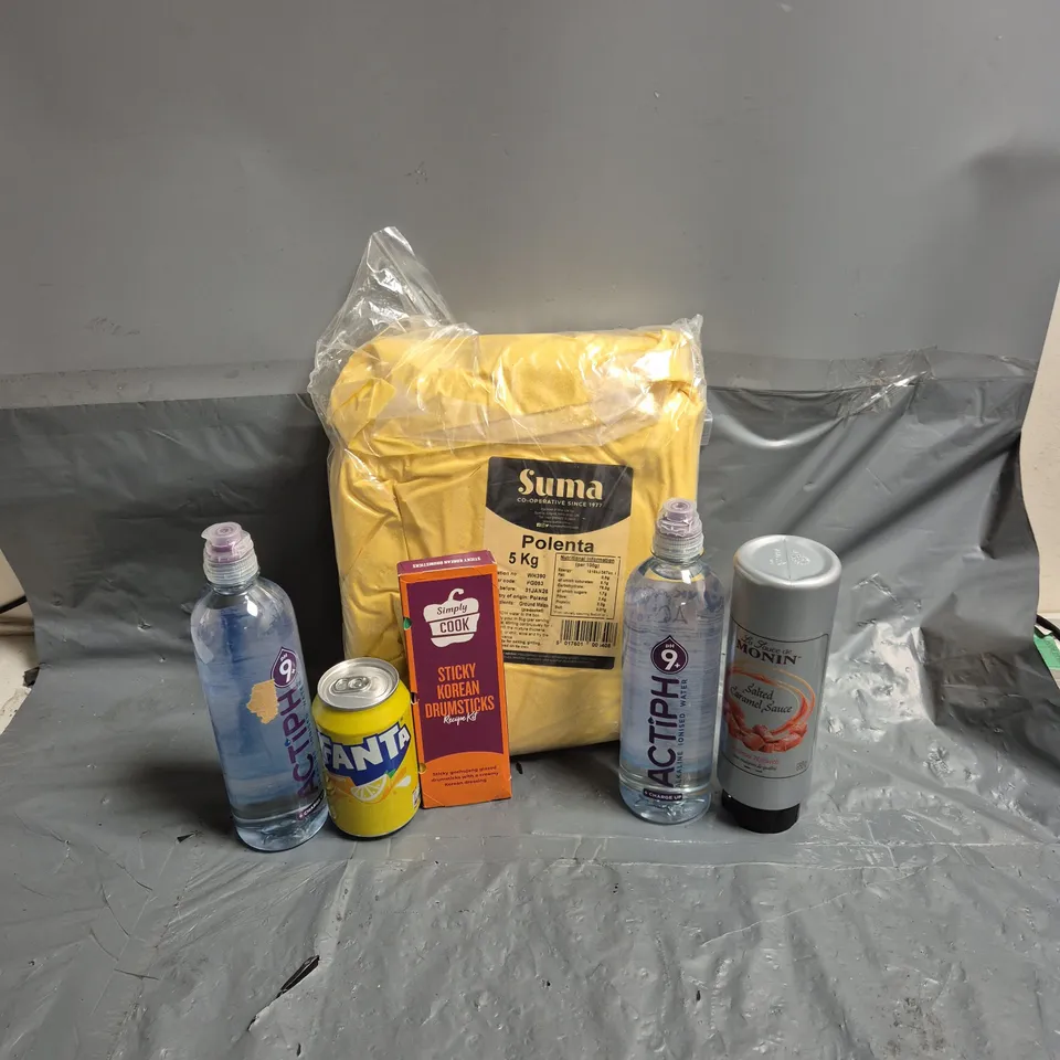 APPROXIMATELY 6 ASSORTED FOOD & DRINK ITEMS TO INCLUDE ACTIPH ALKALINE IONISED WATER, FANTA LEMON, SUMA POLENTA, ETC - COLLECTION ONLY