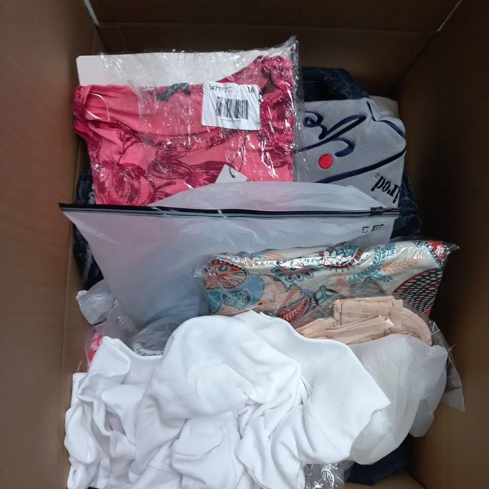 LARGE BOX OF APPROXIMATELY 25 ASSORTED CLOTHING ITEMS IN VARIOUS COLOURS, STYLES AND SIZES - COLLECTION ONLY