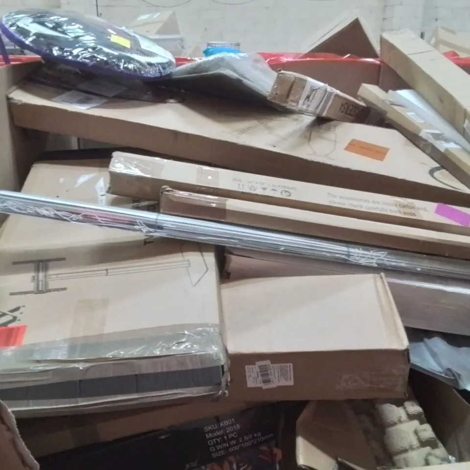PALLET OF ASSORTED HOUSEHOLD GOODS AND PRODUCTS TO INCLUDE;COLOUR LION MOUSE PAD, BLINDS,TENT,IRONING BOARD, TV STAND AND OTHER ASSORTED ITEMS...