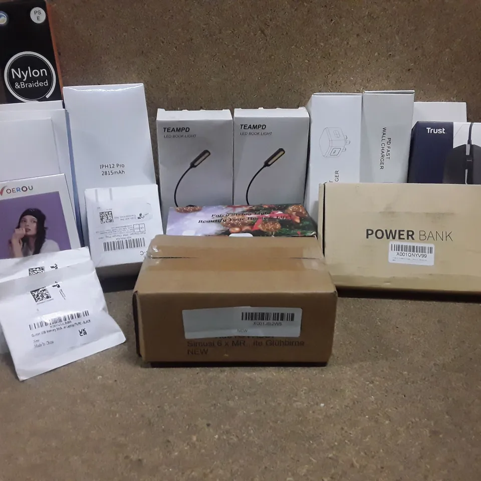 LOT TO CONTAIN 18 ASSORTED ITEMS TO INCLUDE POWER BANKS FAST CHARGER LED BOOK LIGHTS ETC 