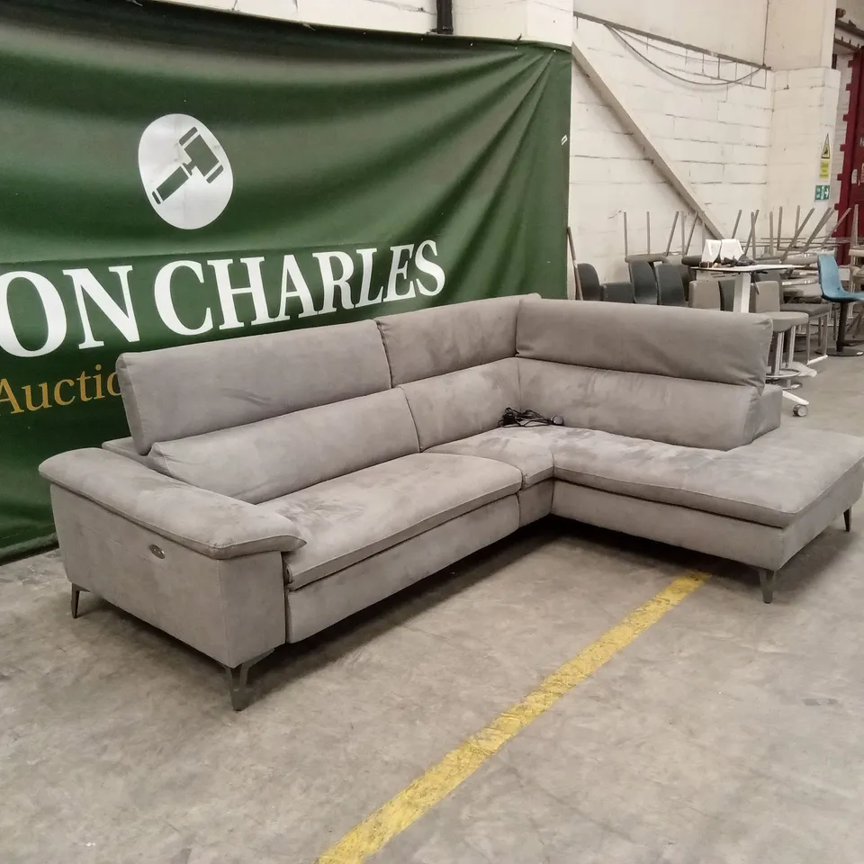 QUALITY DESIGNER ITALIAN MADE MARTINE ELECTRIC RECLINER CORNER CHAISE SOFA IN MICROFIBER STONE GREY FABRIC