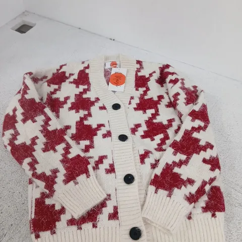 & MAISI - CARDIGAN – CREAM WITH RED JACQUARD PATTERN, BUTTON-FRONT