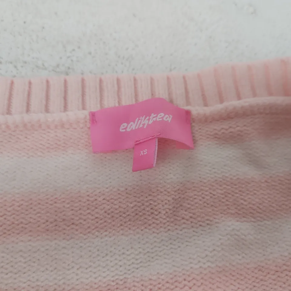 EDIKTED CROP STRIPED KNIT JUMPER – PINK & WHITE, UK SIZE XS