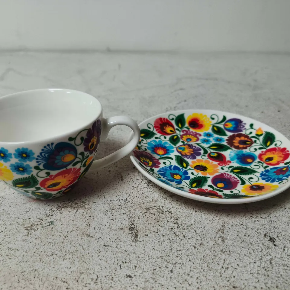 FOLKSTAR POLISH FOLK IRENA WHITE CUP AND SAUCER - LOWICZ