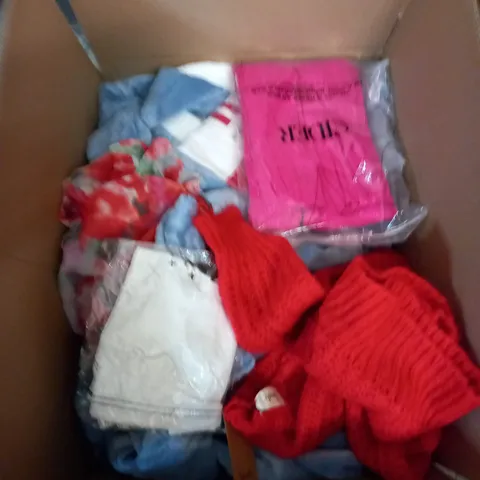 BOX OF ASSORTED CLOTHING ITEMS TOO INCLUDE JUMPERS, SHIRTS AND TROUSERS IN VARIOUS SIZES AND COLOURS   