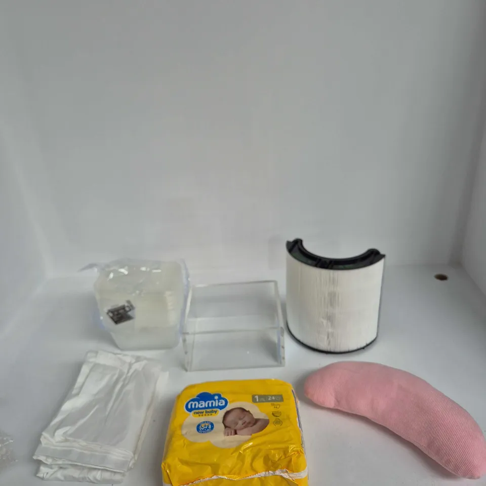 BOX OF APPROXIMATELY 15 ASSORTED ITEMS INCLUDING MAMIA NEW BABY NAPPIES, A DYSON FILTER AND MICROWAVE FOOD CONTAINERS 