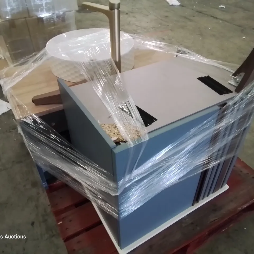 PALLET CONTAINING TWO FREESTANDING VANITY UNITS, 1 WITH SURFACE CERAMIC BASIN & TAP