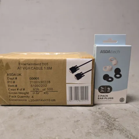BOX OF APPROXIMATELY 18 ASSORTED ITEMS TO INCLUDE - 2 PACK EAR PLUGS , AT VGA CABLES 1.8M