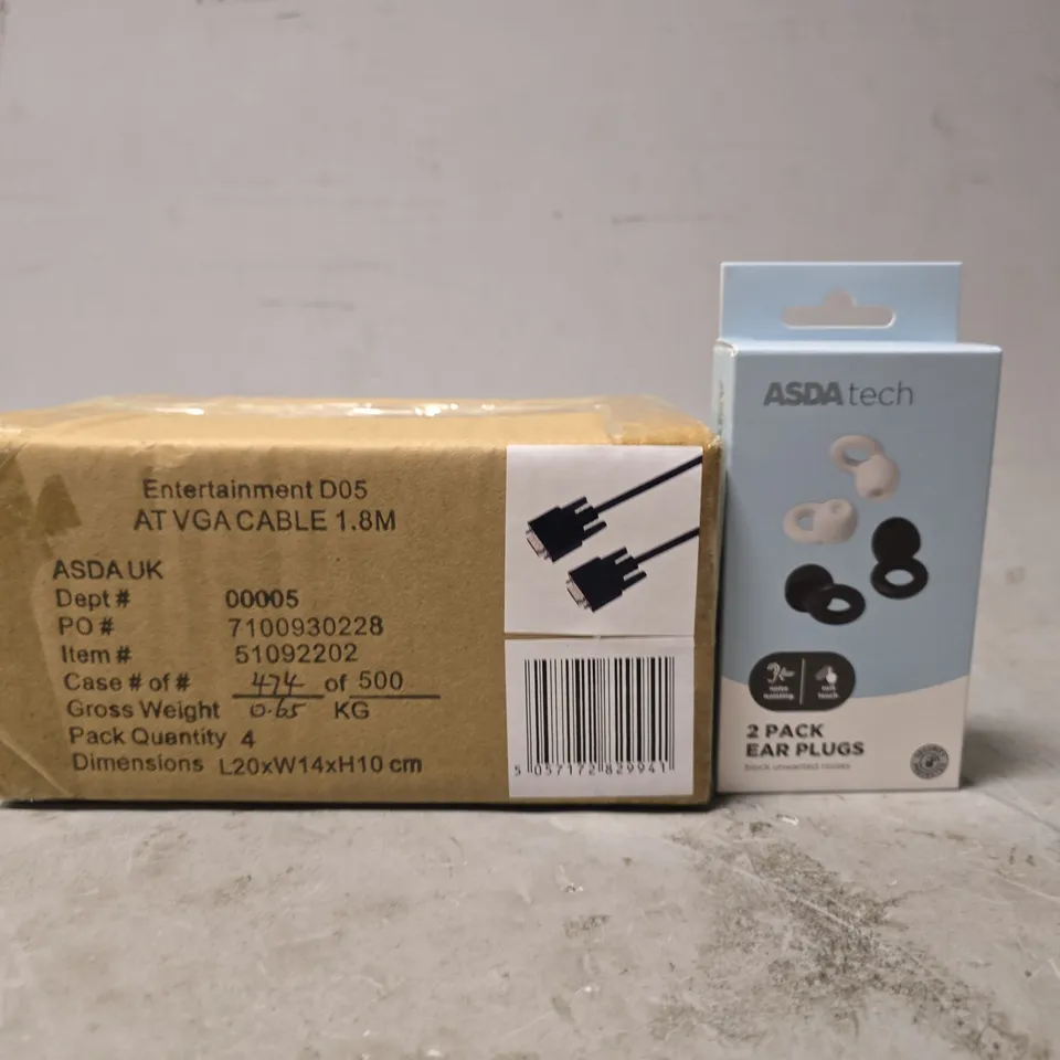 BOX OF APPROXIMATELY 18 ASSORTED ITEMS TO INCLUDE - 2 PACK EAR PLUGS , AT VGA CABLES 1.8M 