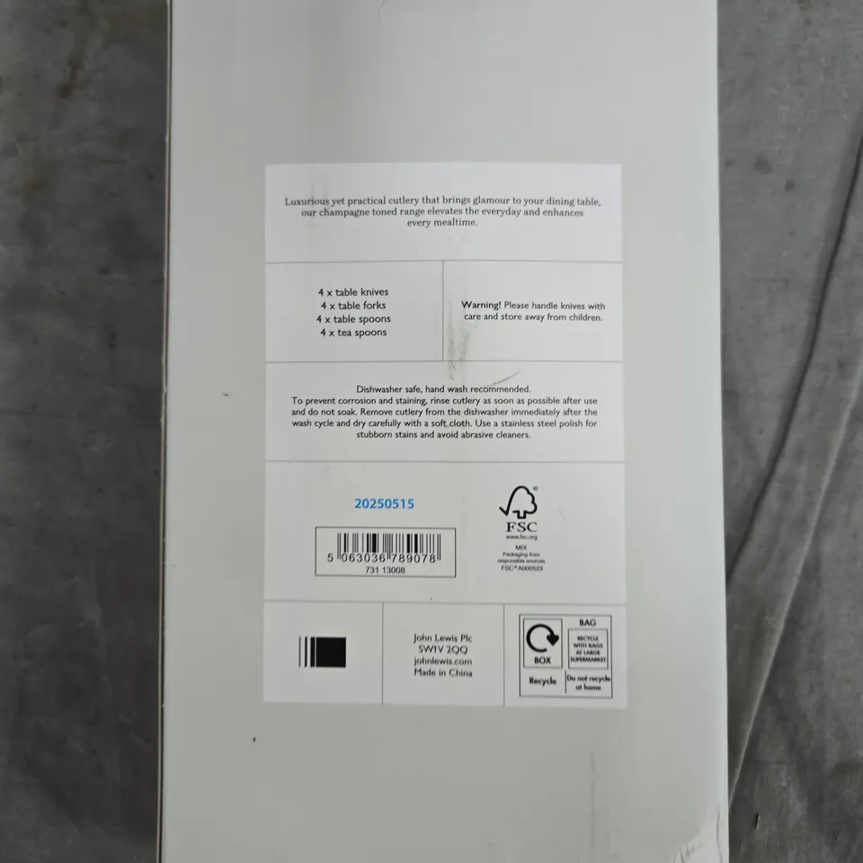 JOHN LEWIS CHAMPAGNE FINISH 16-PIECE CUTLERY SET – BOXED (4 X KNIVES, 4 X FORKS, 4 X SPOONS, 4 X TEA SPOONS)