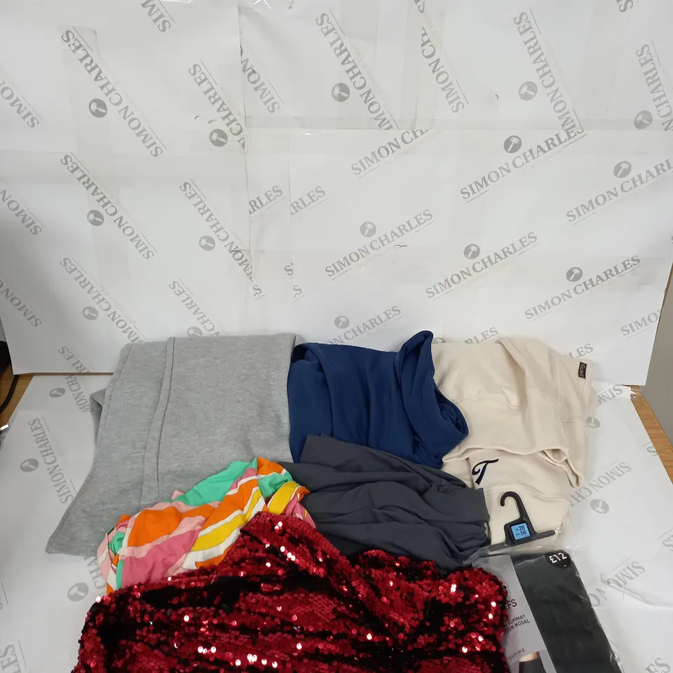 LARGE BOX OF ASSORTED CLOTHING ITEMS IN VARIOUS COLOURS AND SIZES INCLUDING TROUSERS , TOPS AND JUMPERS 