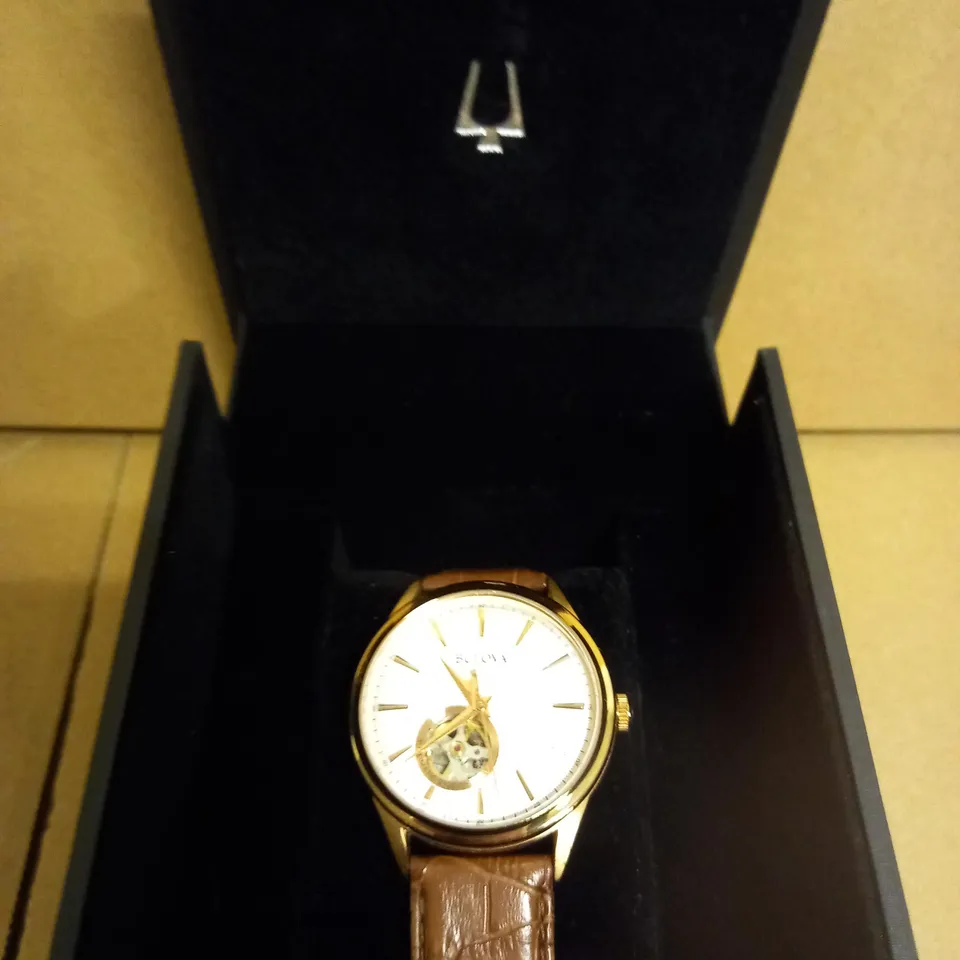 BULOVA MENS AUTOMATIC ROSE GOLD LEATHER WATCH
