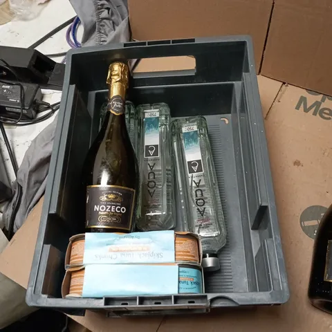 TOTE OF APPROXIMATELY 8 ASSORTED FOOD AND DRINK TO INCLUDE: NOZECO, AQUA WATER AND CLOVE DROPS