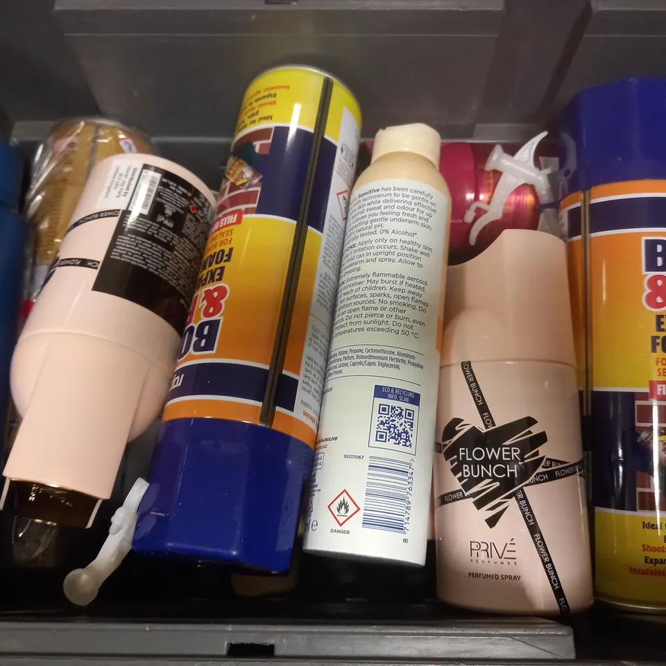 BOX OF APPROX 15 ASSORTED AEROSOLS TO INCLUDE - SANEX DERMO SENSITIVE - BRIGHT ROUGE PRIVE - FLOWER BUNCH PRIVE ECT