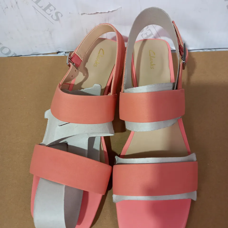 BOXED PAIR OF CLARKS SANDALS (SALMON PINK), SIZE 6 UK