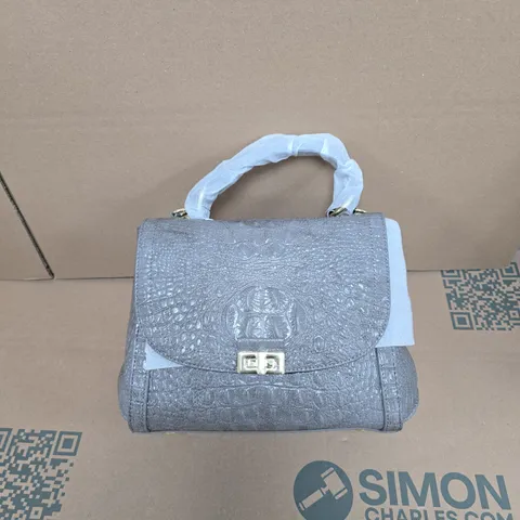 GENUINE LEATHER GREY CROCODILE-EMBOSSED HANDBAG WITH TOP HANDLE  