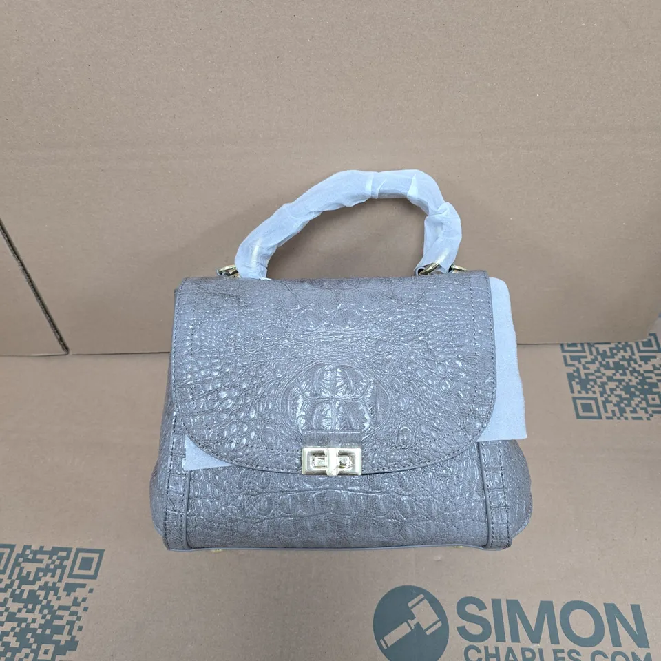 GENUINE LEATHER GREY CROCODILE-EMBOSSED HANDBAG WITH TOP HANDLE  