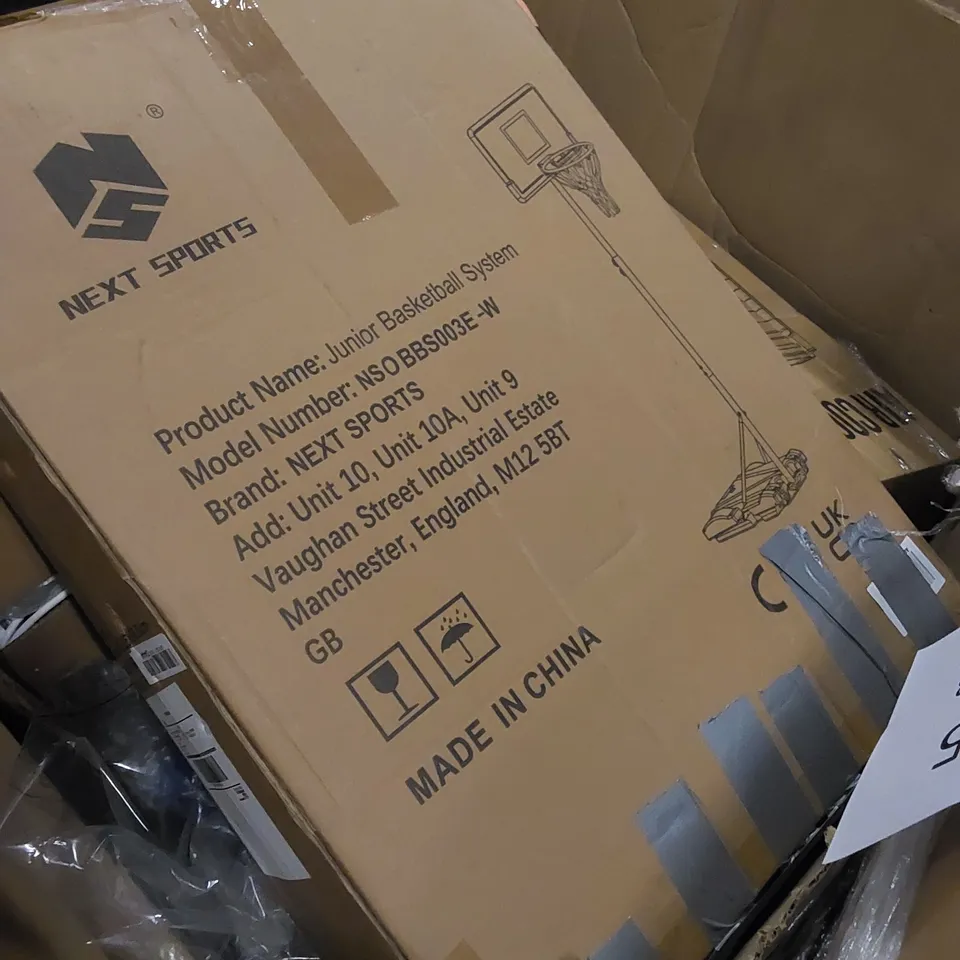 PALLET TO CONTAIN ASSORTED HOUSEHOLD ITEMS. INCLUDES AIR COOLERS, JUNIOR BASKETBALL SYSTEM, TENT ETC