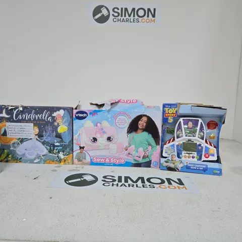BOX OF APPROXIMATELY 10 ASSORTED CHILDREN'S TOYS INCLUDING KPOP JINU VINYL FIGURE, TOY STORY 5 BUZZ LIGHTYEAR GAME AND GO AND VTECH SEW AND STYLE UNICORN BAG