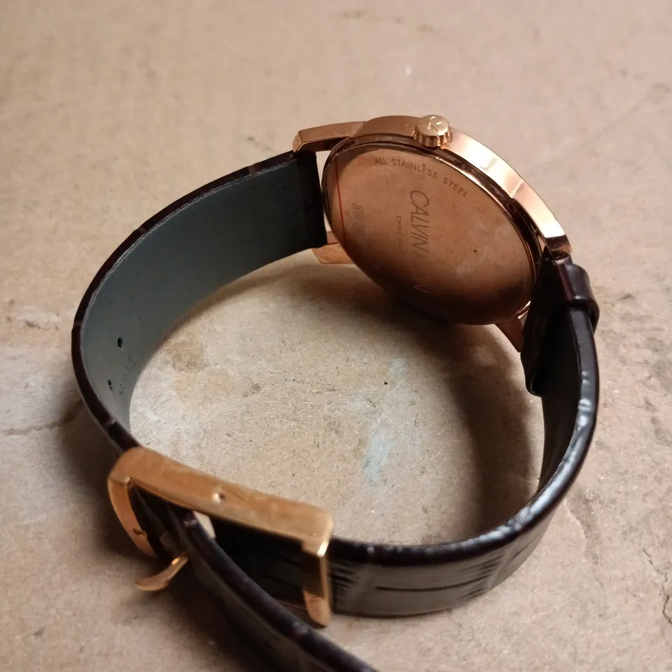 CALVIN KLEIN ROSE GOLD STAINLESS STEEL CASE BROWN LEATHER STRAP WATCH 