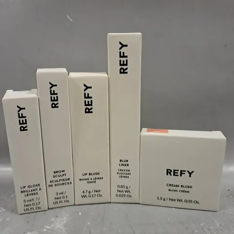 5 ASSORTED REFY PRODUCTS TO INCLUDE LIP GLOSS #CLEAR, LIP BLUSH #WINE, CREAM BLUSH #ROSE, ETC 