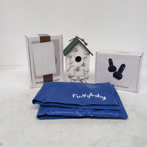BOX OF APPROXIMATELY 20 ASSORTED ITEMS TO INCLUDE BIRDHOUSE, FURRYBABY DOG MAT, BLADELESS NECK COOLER, MASSAGER ETC