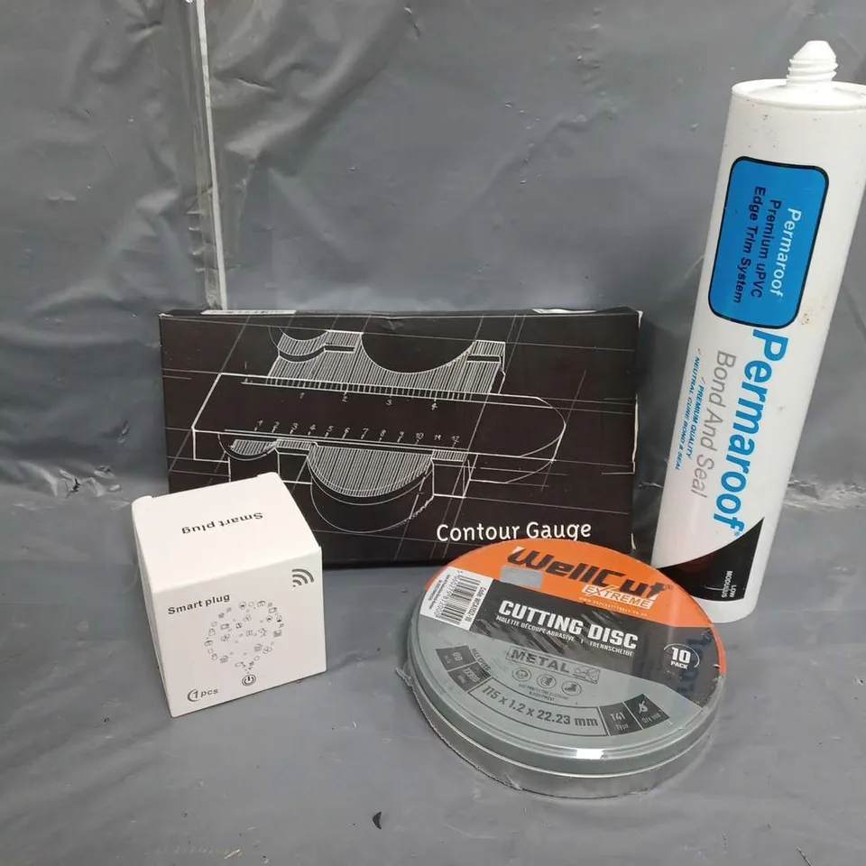 APPROXIMATELY 20 ASSORTED PRODUCTS TO INCLUDE CONTOUR GAGE, SMART PLUG, WELLCUT EXTREME CUTTING DISC, PERMAPROOF PREMIUM UPVC EDGE TRIM SYSTEM