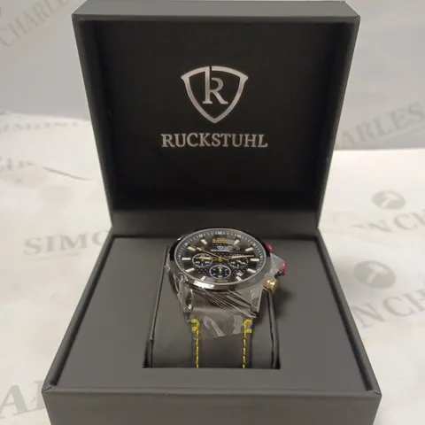 MEN’S RUCKSTUHL CHRONOGRAPH WATCH – MODEL R120 – BLACK MULTI-FUNCTION DIAL – BLACK GENUINE LEATHER STRAP – 3ATM WATER RESISTANT 