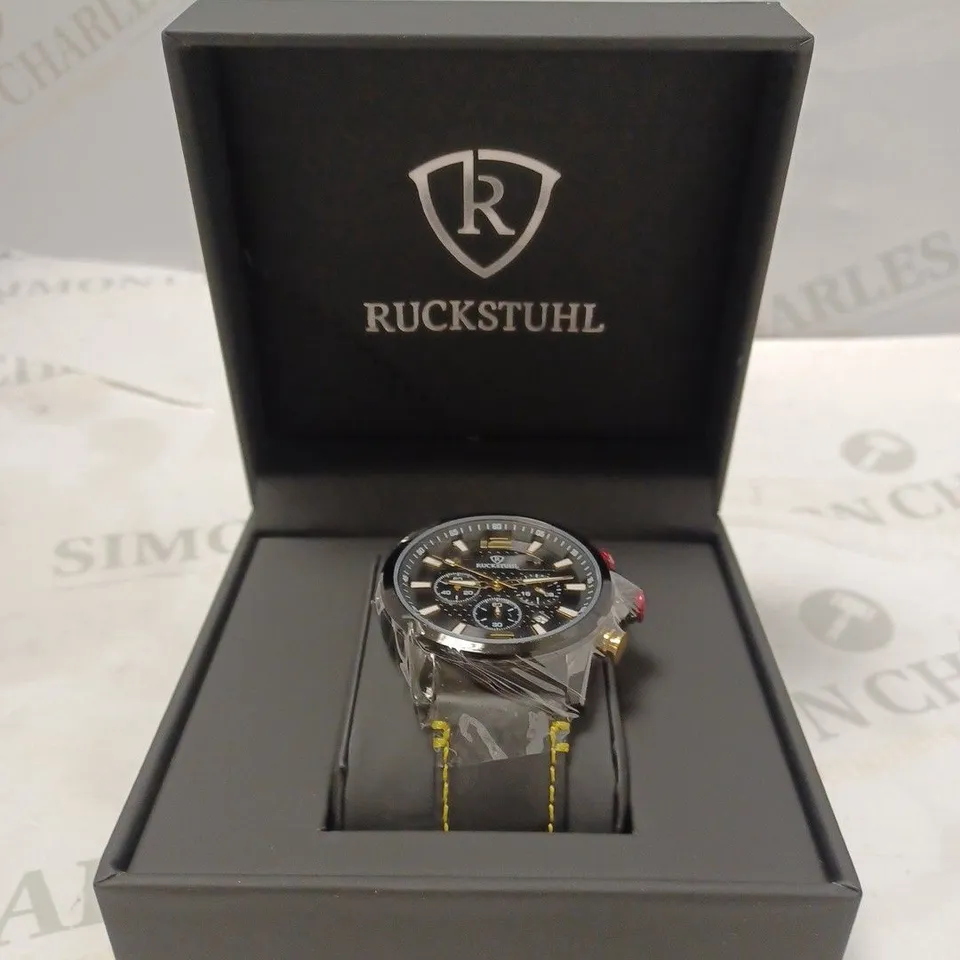 MEN’S RUCKSTUHL CHRONOGRAPH WATCH – MODEL R120 – BLACK MULTI-FUNCTION DIAL – BLACK GENUINE LEATHER STRAP – 3ATM WATER RESISTANT 