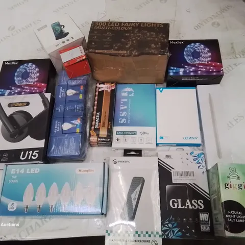 BOX CONTAINING LARGE AMOUNT OF MIXED BOXED ELECTRICAL ITEMS PHONE ACCESSORIES LIGHTING ETC.