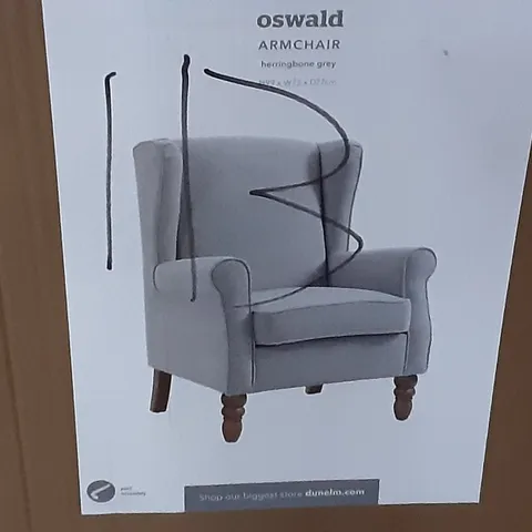BOXED OSWALD ARM CHAIR IN HERRINGBONE GREY , H99 X W72 X D77CM