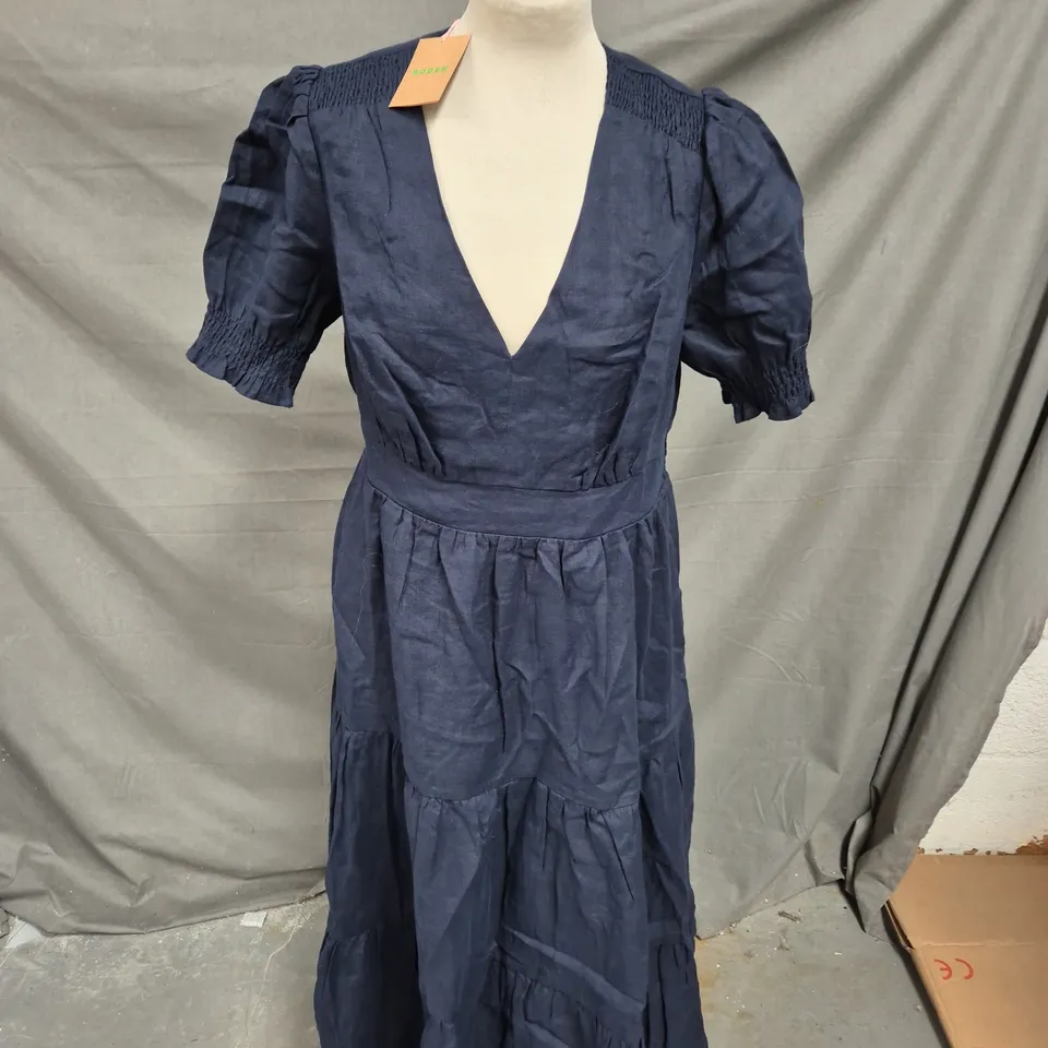 BODEN ANNA LINEN TIERED MIDI DRESS- NAVY - SIZE 14 R