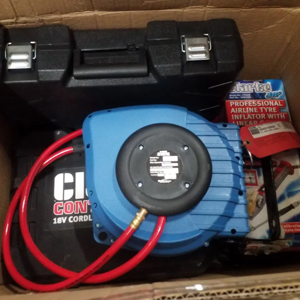 BOX CONTAINING ASSORTED PRODUCTS INCLUDING AIRLINE TYRE INFLATOR, HOSE REEL & 18V CORDLESS NAILER/STAPLER