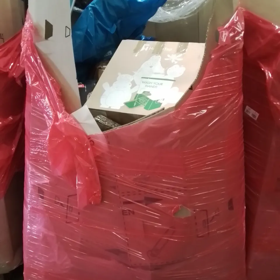 PALLET CONTAINING VARIOUS ASSORTED BOXED HOUSEHOLD ITEMS TO INCLUDE: TAJ MAHAL CANVAS, PORTABLE BASKET BALL NET, HAPPY TAP HAND WASHER, AND LOTS MORE UNMARKED BOXED ITEMS 
