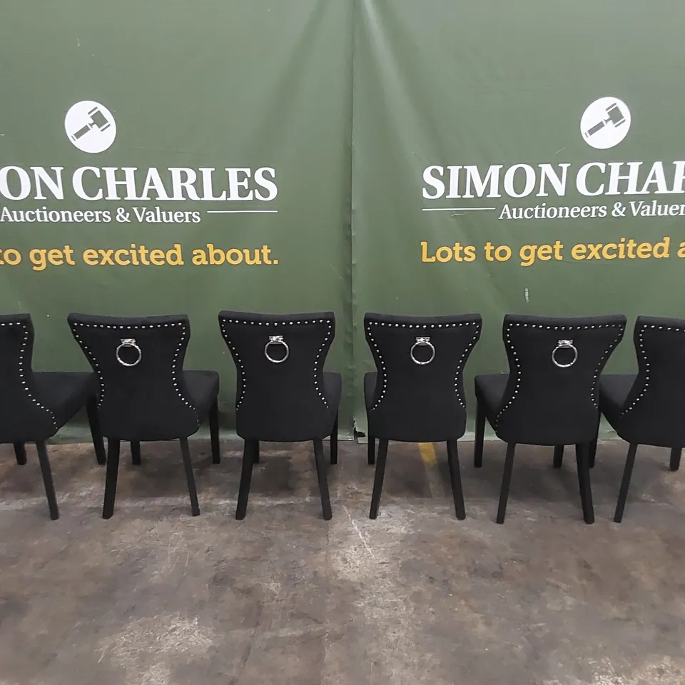 SET OF 6 KENSINGTON BLACK VELVET BUTTON BACK DINING CHAIRS WITH BLACK LEGS