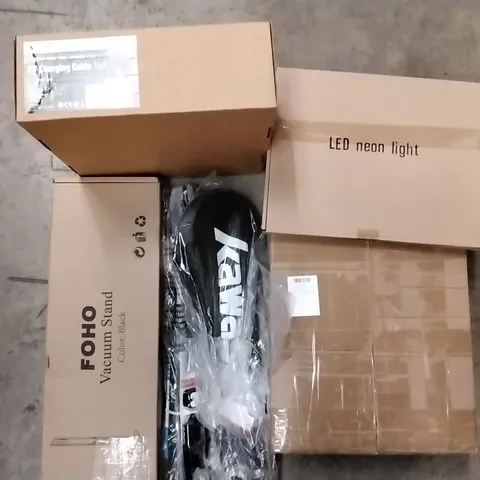 PALLET OF HOUSEHOLD ITEMS TO INCLUDE LED. NEON LIGHTS, BADMINTON RACKETS VACUUM STANDS AND FOLDING SACK TROLLIES ECT 