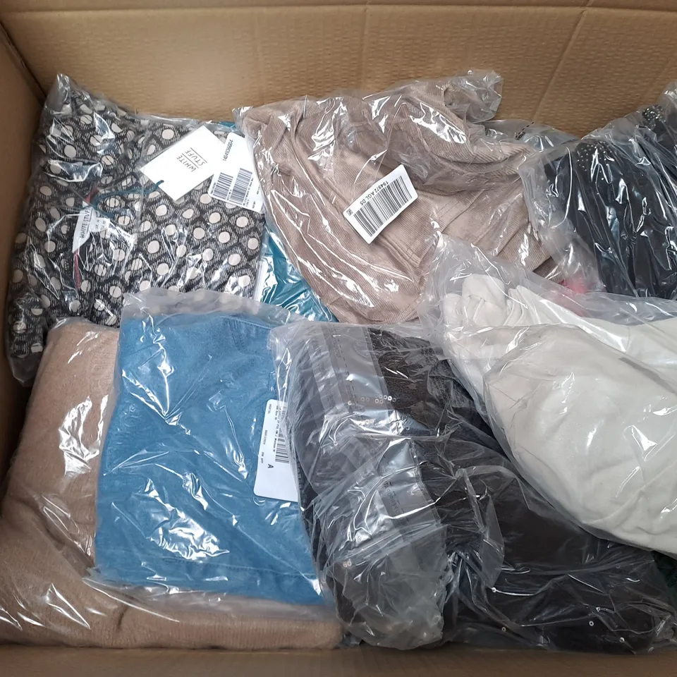BOX OF ASSORTED CLOTHING ITEMS TOO INCLUDE COATS , TOPS, AND TROUSERS   ETC. 