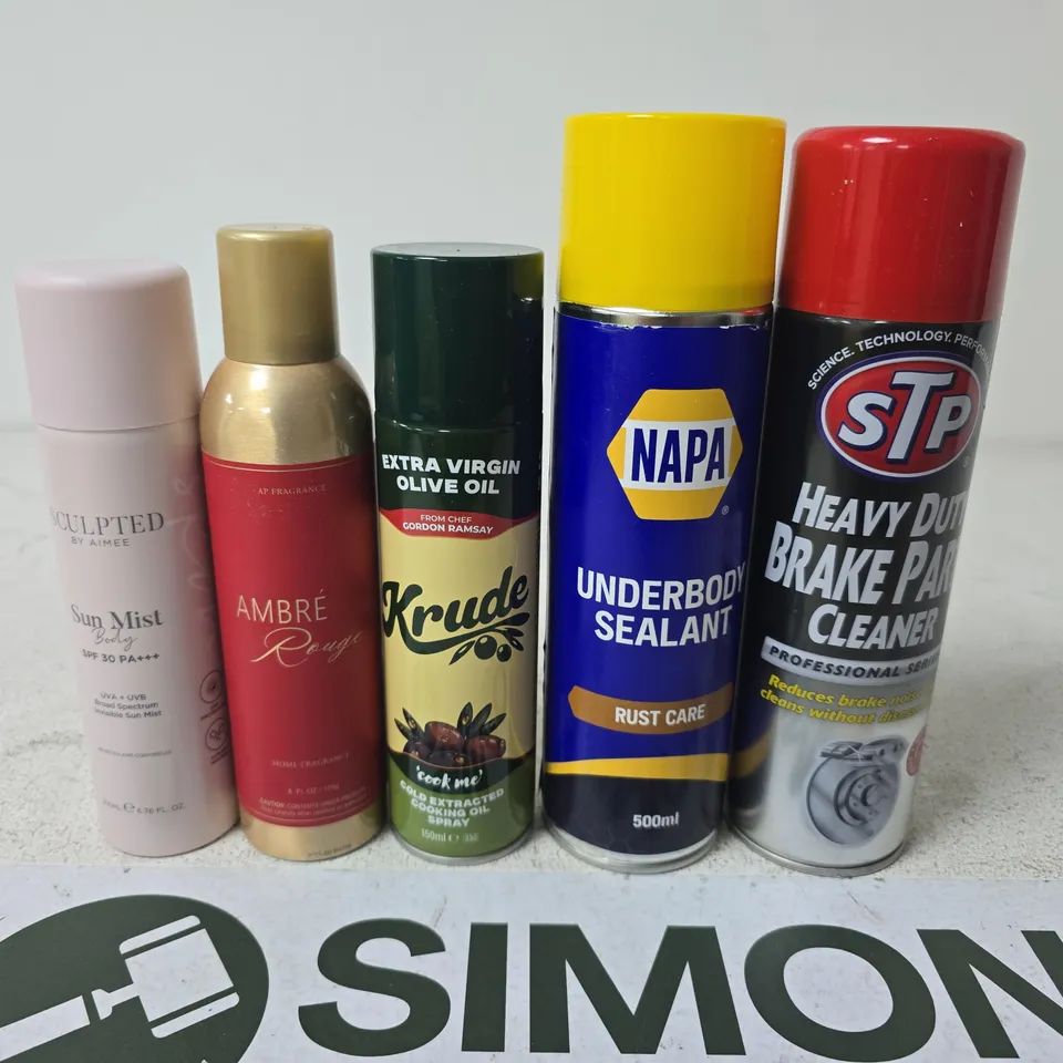 APPROXIMATELY 15 ASSORTED AEROSOLS TO INCLUDE BRAKE CLEANER , UNDERBODY SEALANT AND OLIVE OIL