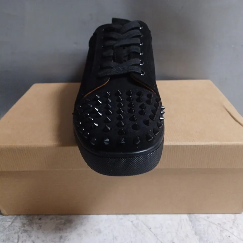BOXED PAIR OF CHRISTIAN LOUBOUTIN SHOES IN BLACK W. SPIKE DETAIL SIZE UNSPECIFIED