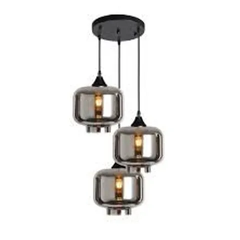 BOXED 3 LIGHT ROUND MULTI DROP PENDANT IN MATT BLACK 12 AMBER GLASS WITH BLACK BRAIDED CORD (1BOX)