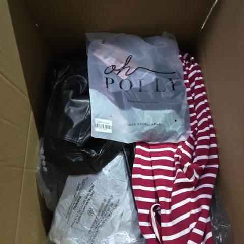 LARGE BOX OF ASSORTED CLOTHING ITEMS IN VARIOUS SIZES, STYLES AND COLOUR 